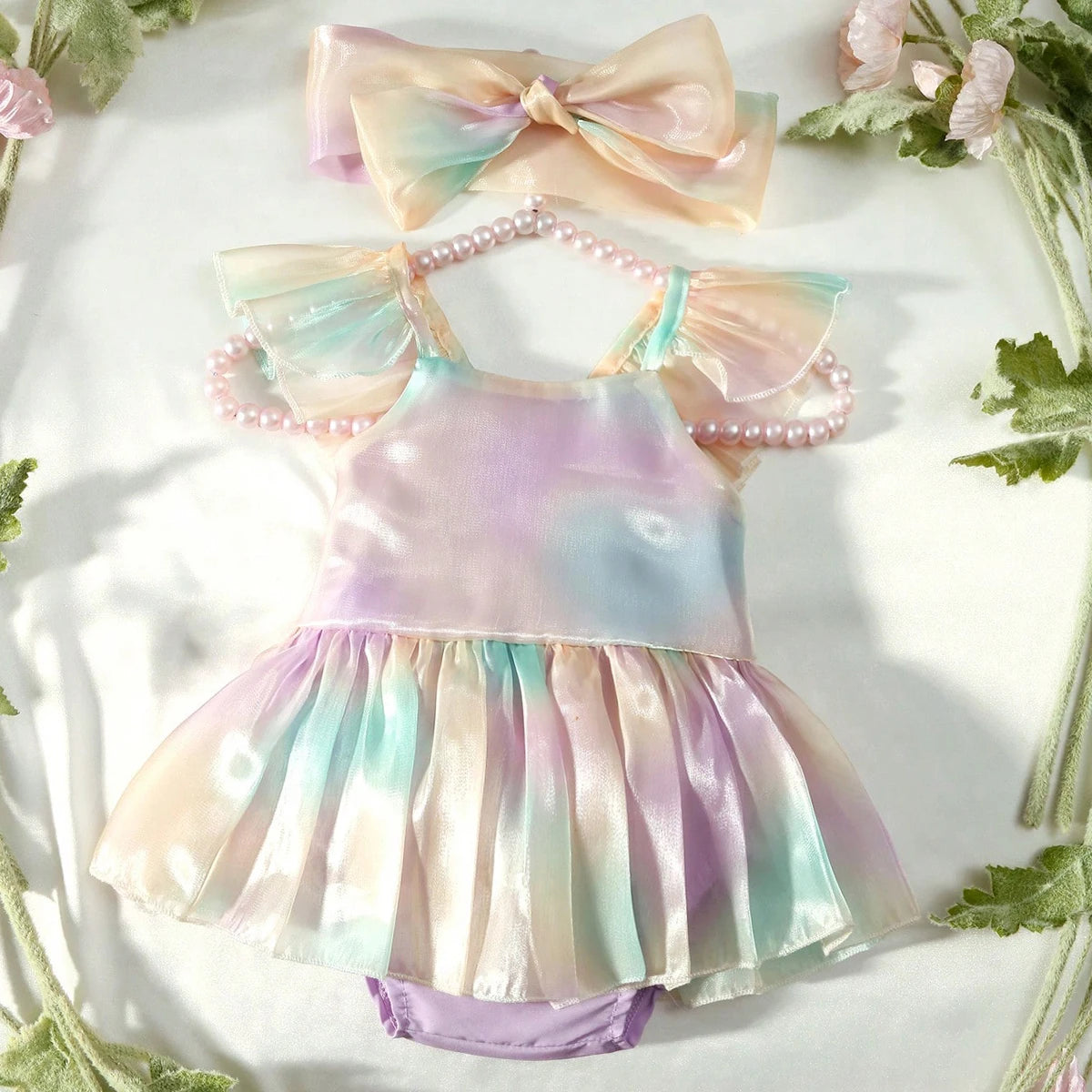 Newborn Photography Rainbow Gradient Color Romper Pleated Skirt with Headband