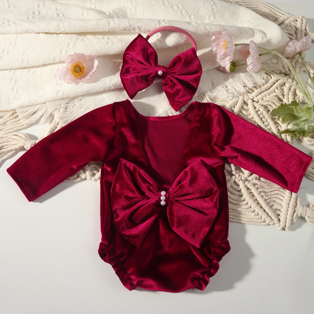 Newborn Photography Back Bow Velvet Romper With Headband