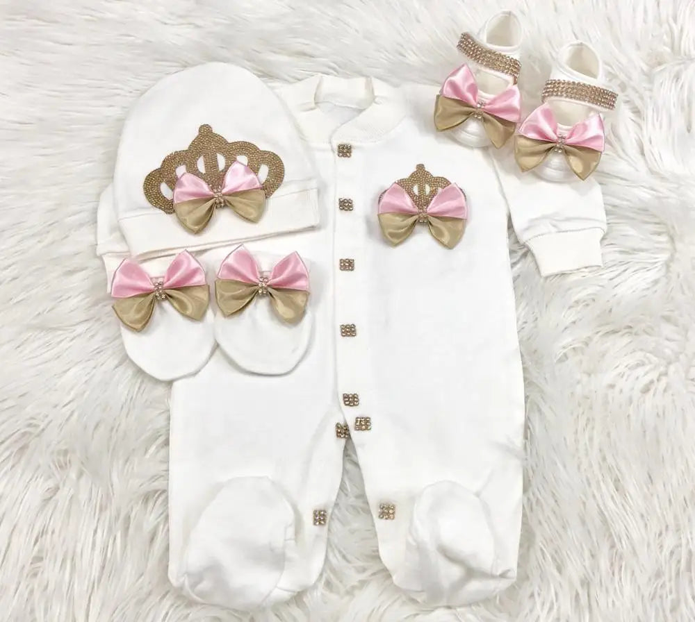 Royal Crown 4-Piece Layette with Romper, Cap, Mittens, and Shoes
