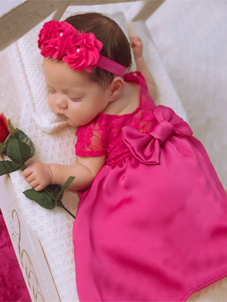 Newborn Photography Bowknot Lace Dress with Floral Headband