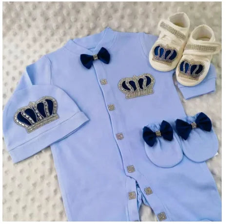 Jewelry Crown 4-Piece Layette with Romper, Cap, Mittens, and Shoes