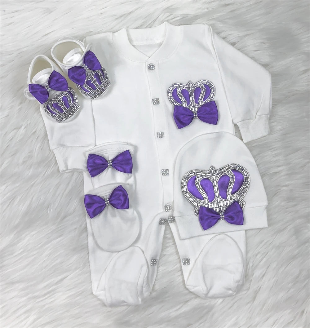 Jewelry Crown 4-Piece Layette with Romper, Cap, Mittens, and Shoes