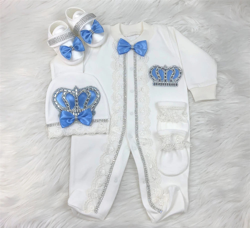 Jewelry Crown 4-Piece Layette with Romper, Cap, Mittens, and Shoes