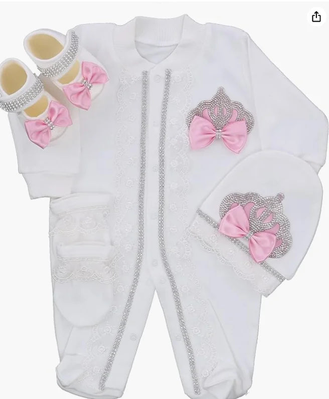 Royal Crown 4-Piece Layette with Romper, Cap, Mittens, and Shoes