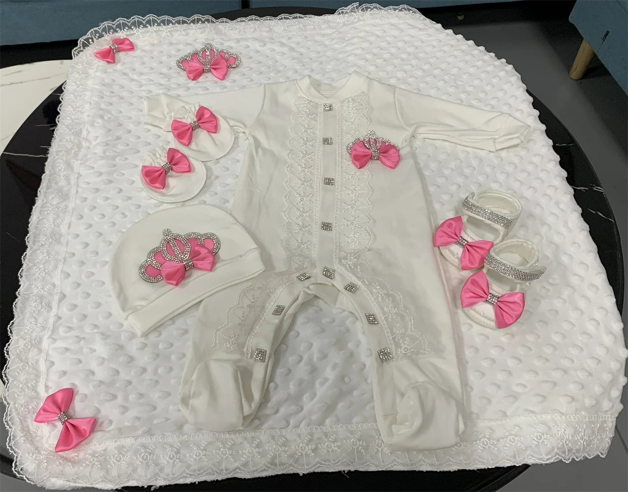 5-Piece Crown Layette with Blanket, Romper, Cap, Mittens, and Shoes