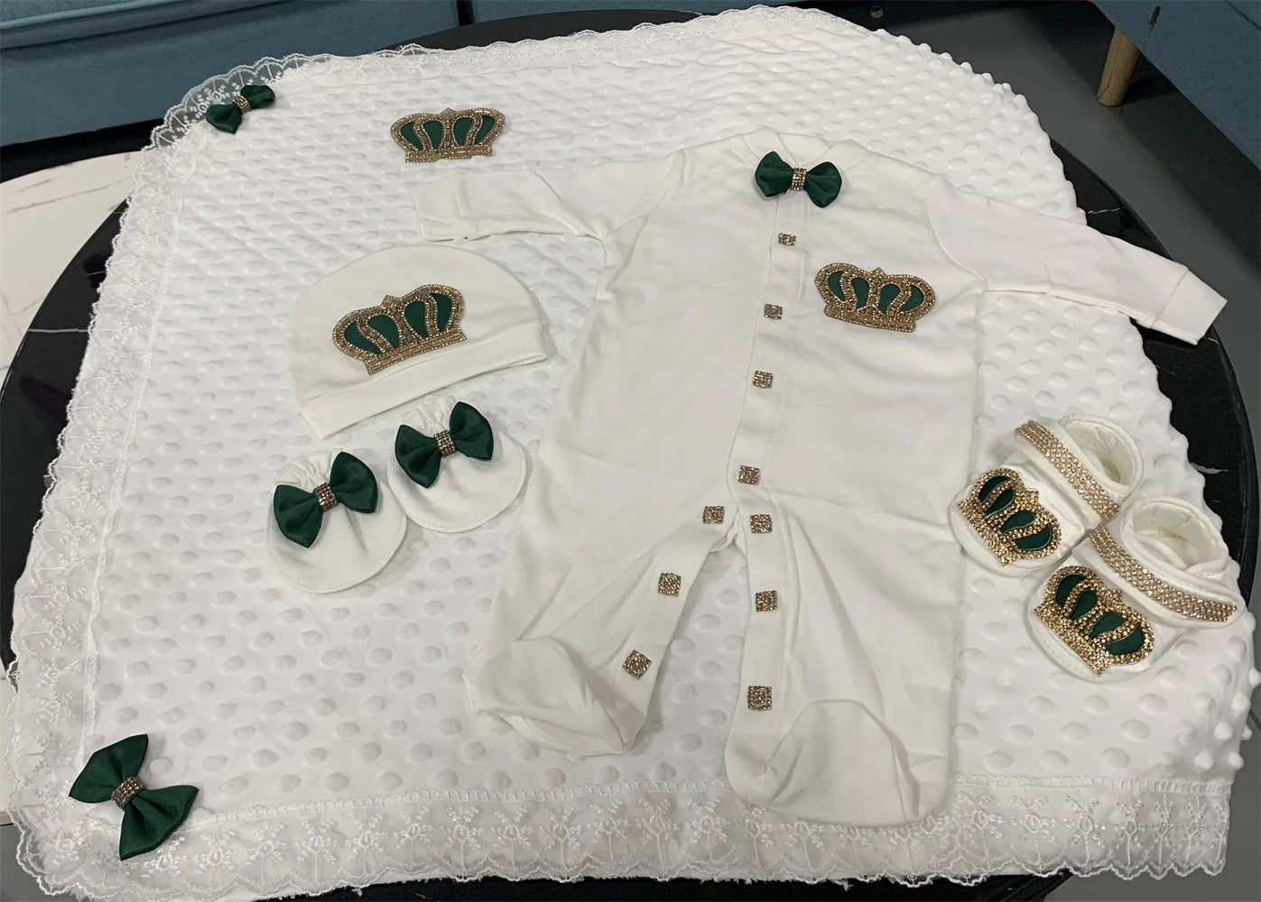 5-Piece Crown Layette with Blanket, Romper, Cap, Mittens, and Shoes
