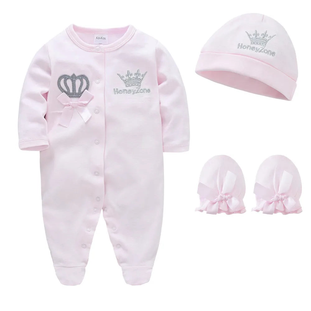 Newborn Baby Royal Crown 100% Cotton One-Piece Footie Sleep Suit with Cap and Mittens