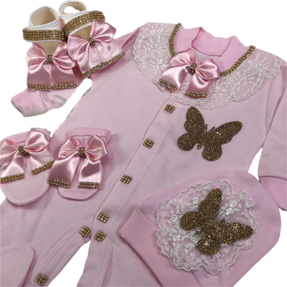 Jewelry Crown 4-Piece Layette with Romper, Cap, Mittens, and Shoes