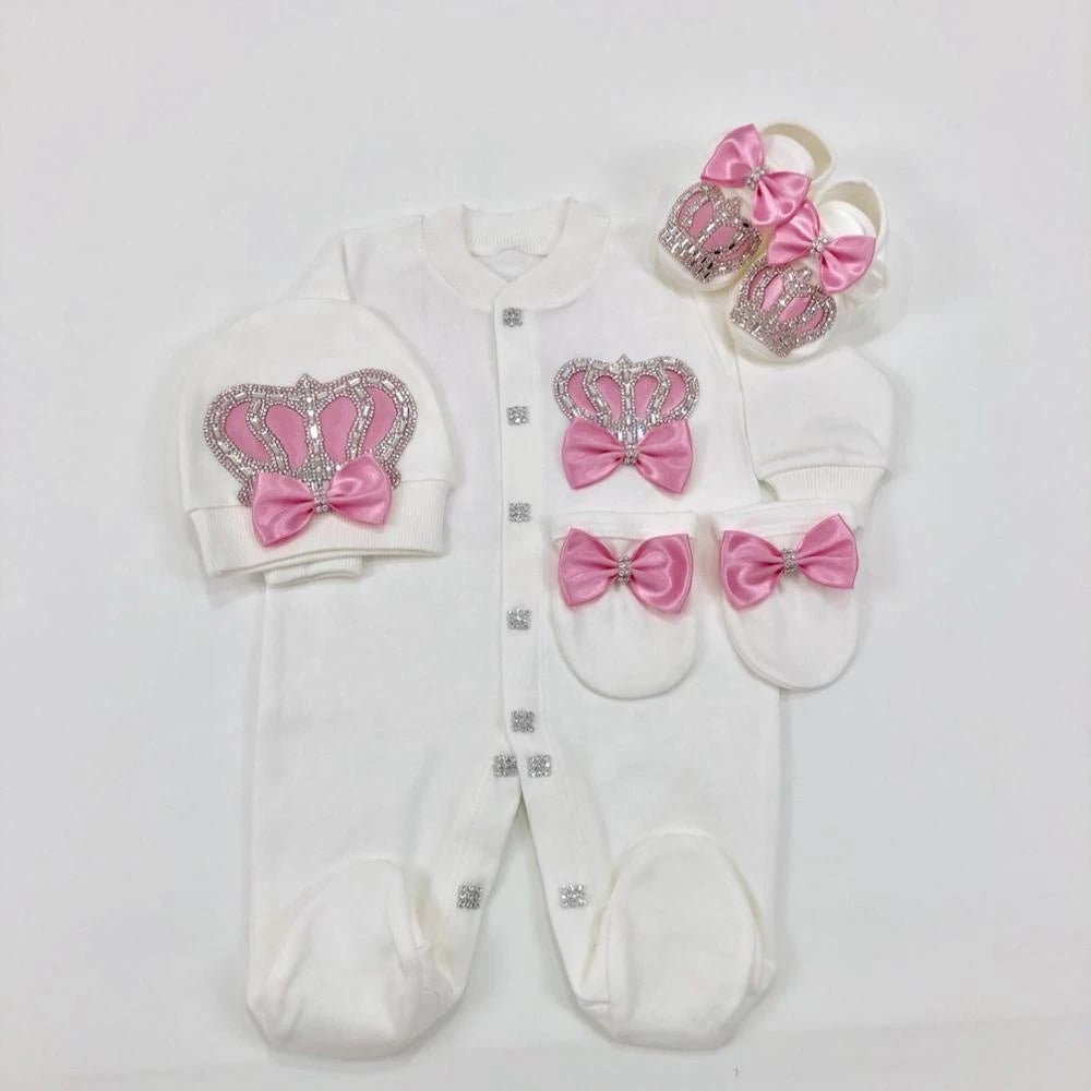 Jewelry Crown 4-Piece Layette with Romper, Cap, Mittens, and Shoes