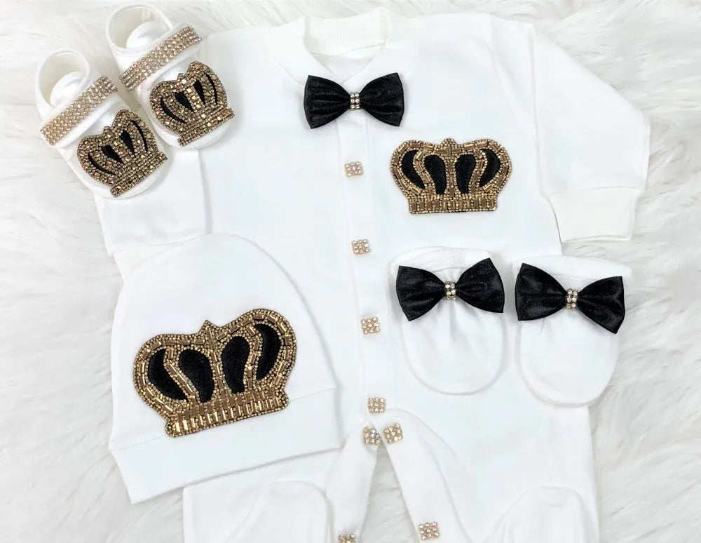 Royal Crown 4-Piece Layette with Romper, Cap, Mittens, and Shoes