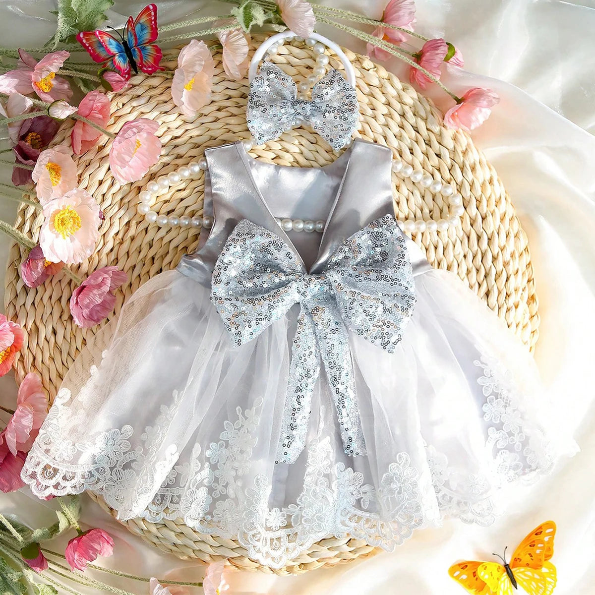 Newborn Photography Ribbon Bow Lace Glitter Dress with Headband