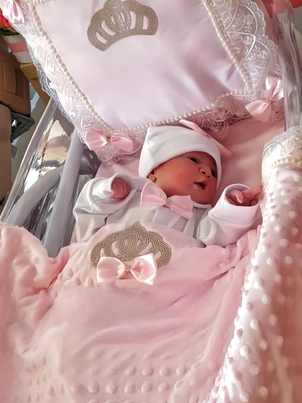 5-Piece Crown Layette with Blanket, Romper, Cap, Mittens, and Shoes