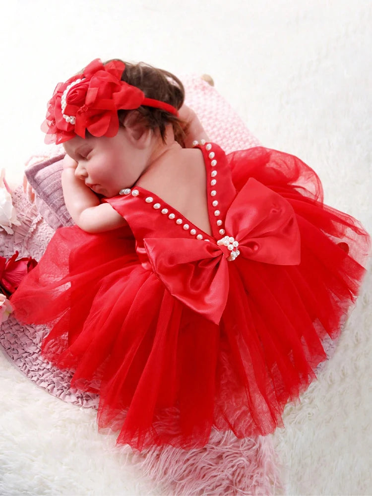 Newborn Photography 2-Piece Bow Pearl Set with Dress and Headband