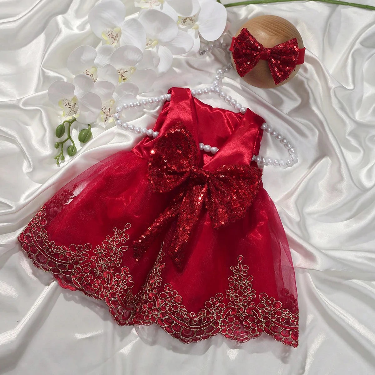 Newborn Photography Ribbon Bow Lace Glitter Dress with Headband