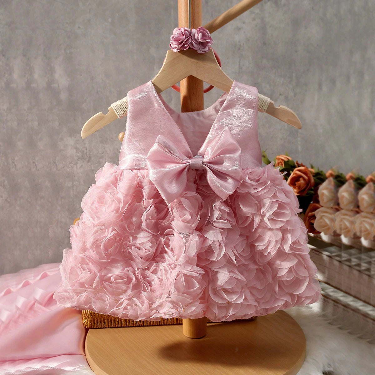 Newborn Photography Dusty Pink Bowknot Rose Dress with Headband