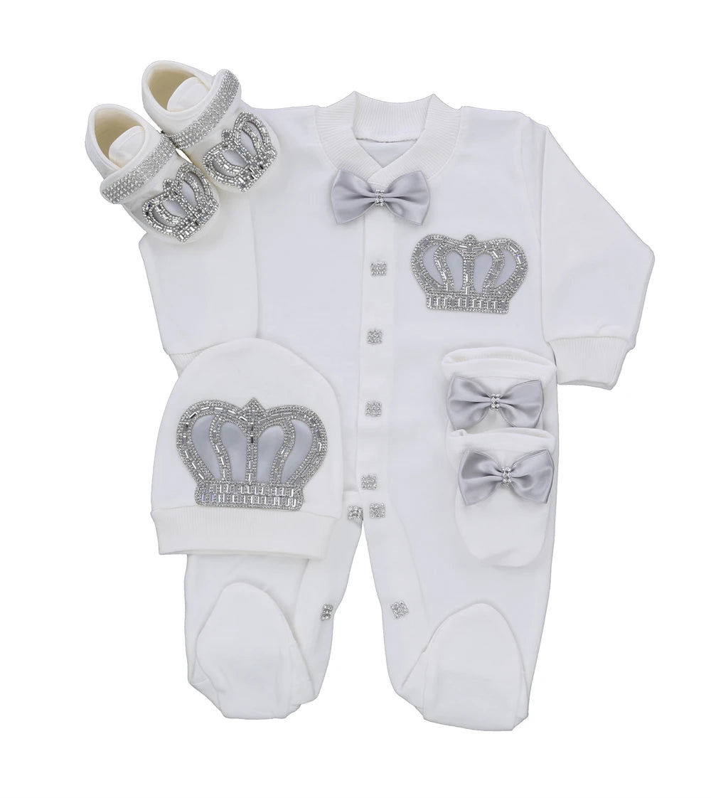Jewelry Crown 4-Piece Layette with Romper, Cap, Mittens, and Shoes
