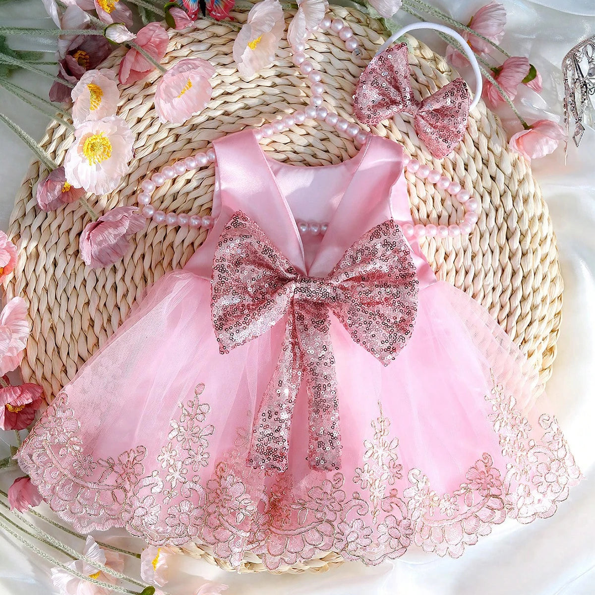 Newborn Photography Ribbon Bow Lace Glitter Dress with Headband