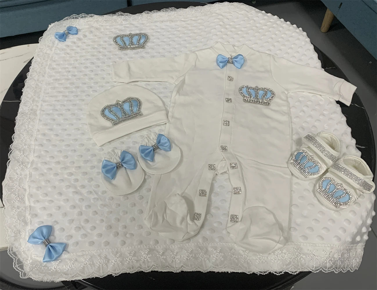 5-Piece Crown Layette with Blanket, Romper, Cap, Mittens, and Shoes