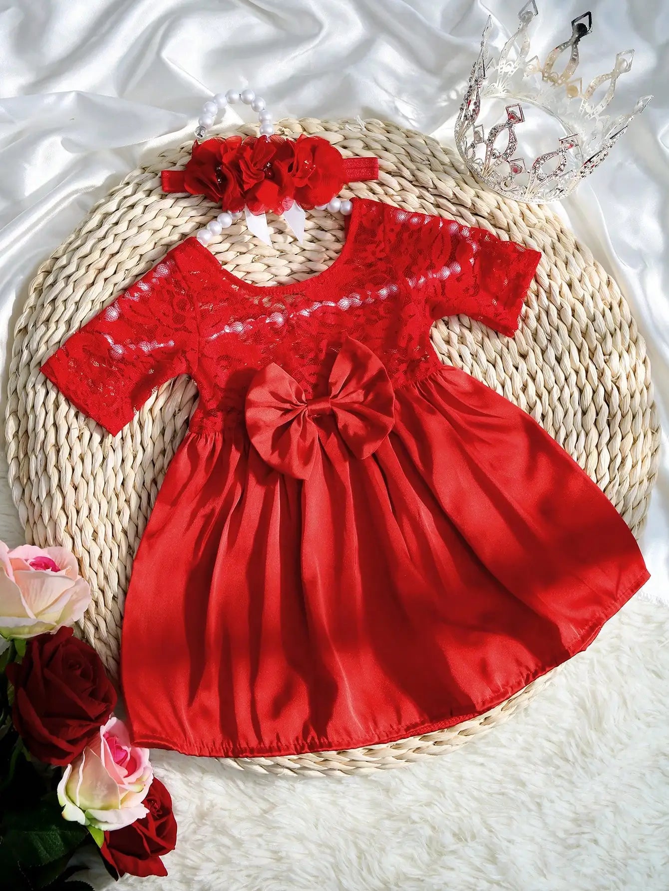 Newborn Photography  Bowknot Lace Dress with Floral Headband