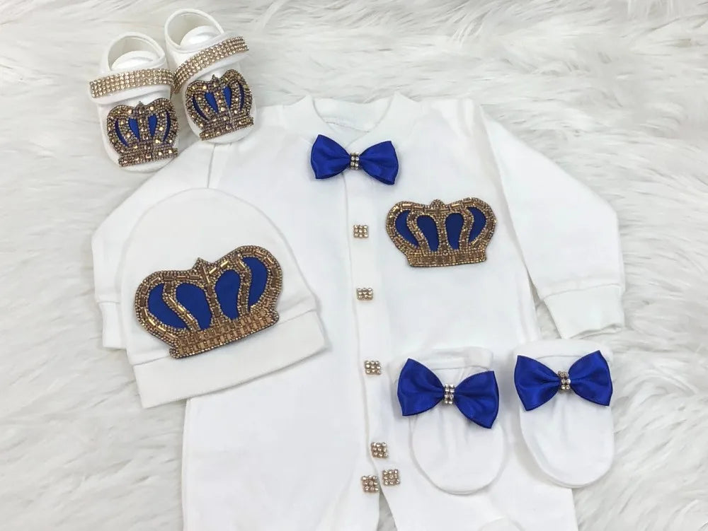 Royal Crown 4-Piece Layette with Romper, Cap, Mittens, and Shoes