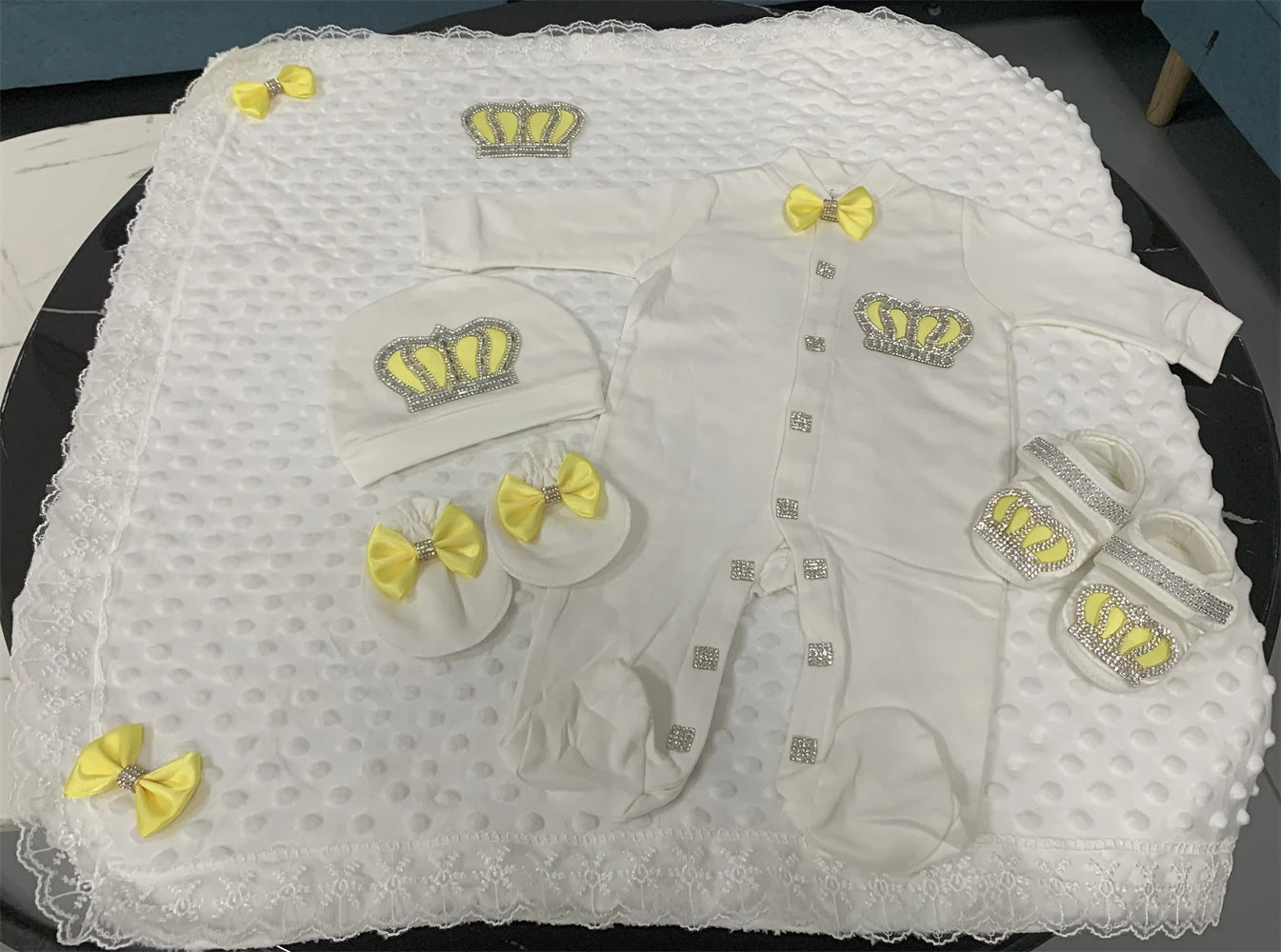 5-Piece Crown Layette with Blanket, Romper, Cap, Mittens, and Shoes