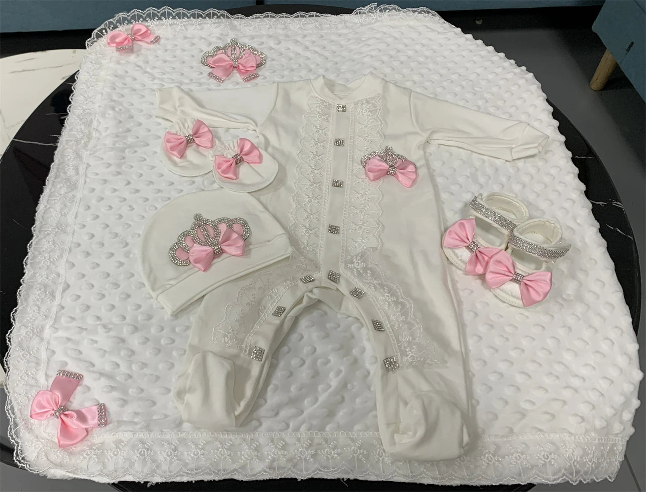5-Piece Crown Layette with Blanket, Romper, Cap, Mittens, and Shoes