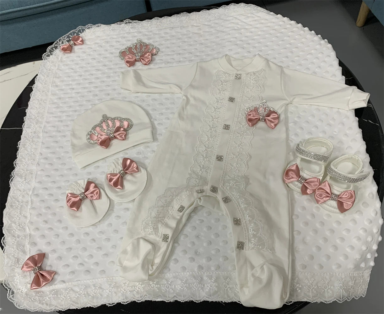 5-Piece Crown Layette with Blanket, Romper, Cap, Mittens, and Shoes