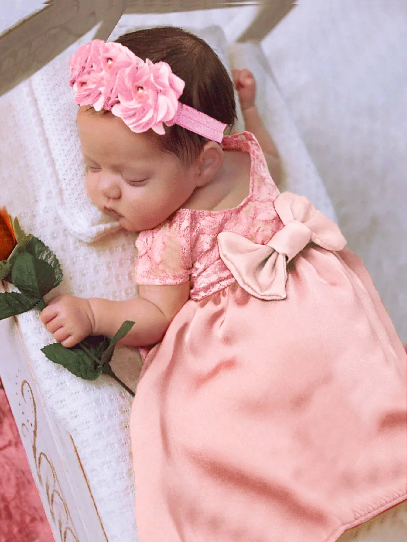 Newborn Photography  Bowknot Lace Dress with Floral Headband