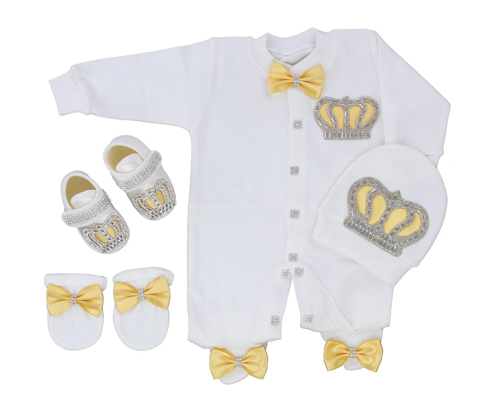 Jewelry Crown 4-Piece Layette with Romper, Cap, Mittens, and Shoes