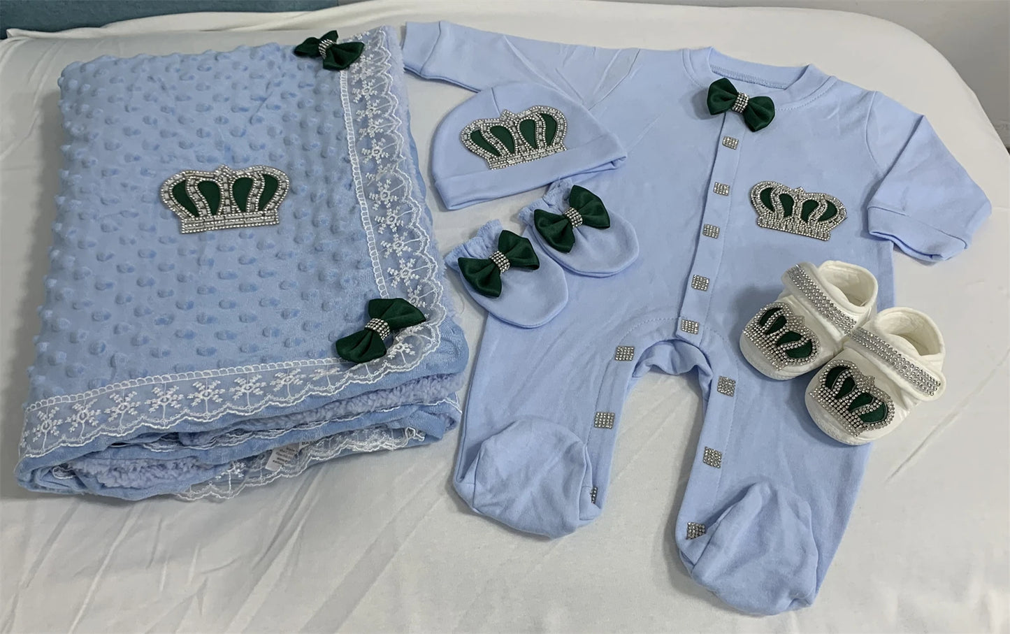 5-Piece Crown Layette with Blanket, Romper, Cap, Mittens, and Shoes