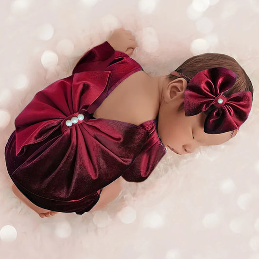 Newborn Photography Back Bow Velvet Romper With Headband
