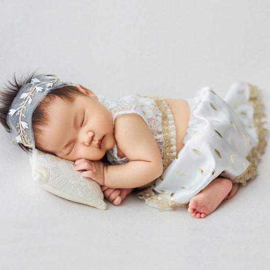 Newborn Photography  Golden Leaves Set with Short Lace Top, Skirt, and Scarf Headband