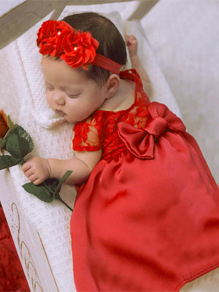 Newborn Photography  Bowknot Lace Dress with Floral Headband