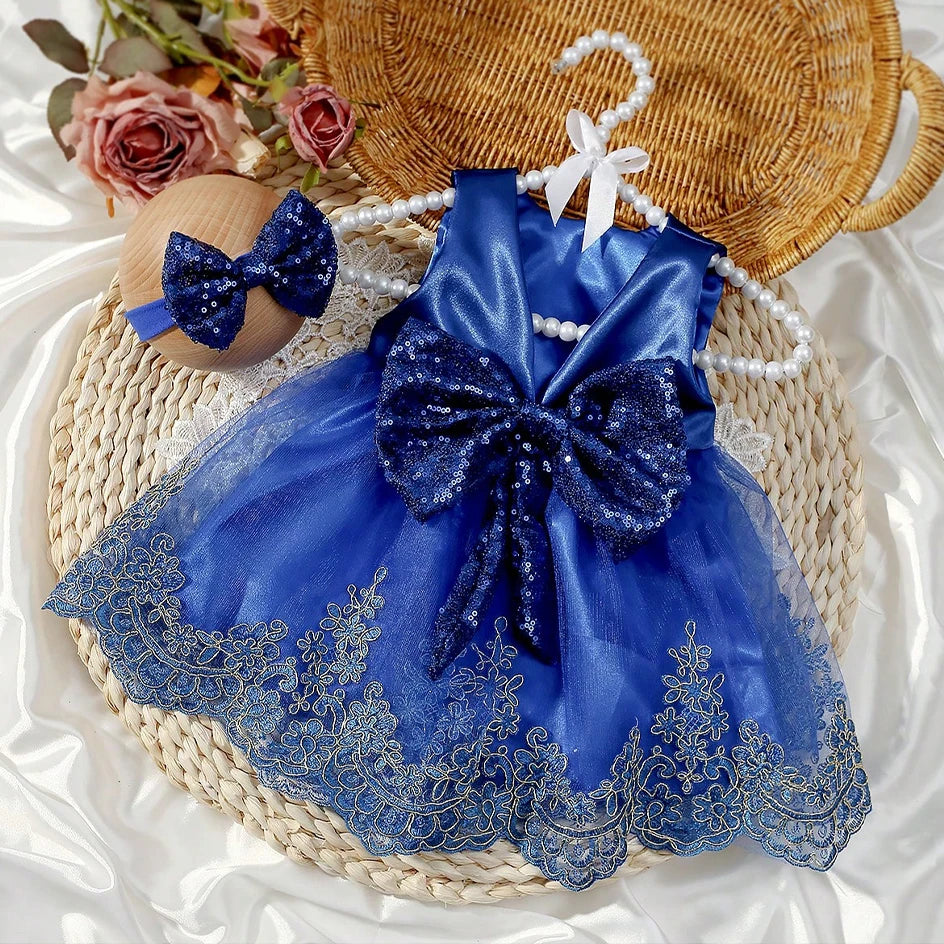 Newborn Photography Ribbon Bow Lace Glitter Dress with Headband