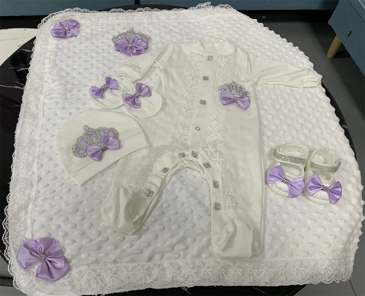 5-Piece Crown Layette with Blanket, Romper, Cap, Mittens, and Shoes
