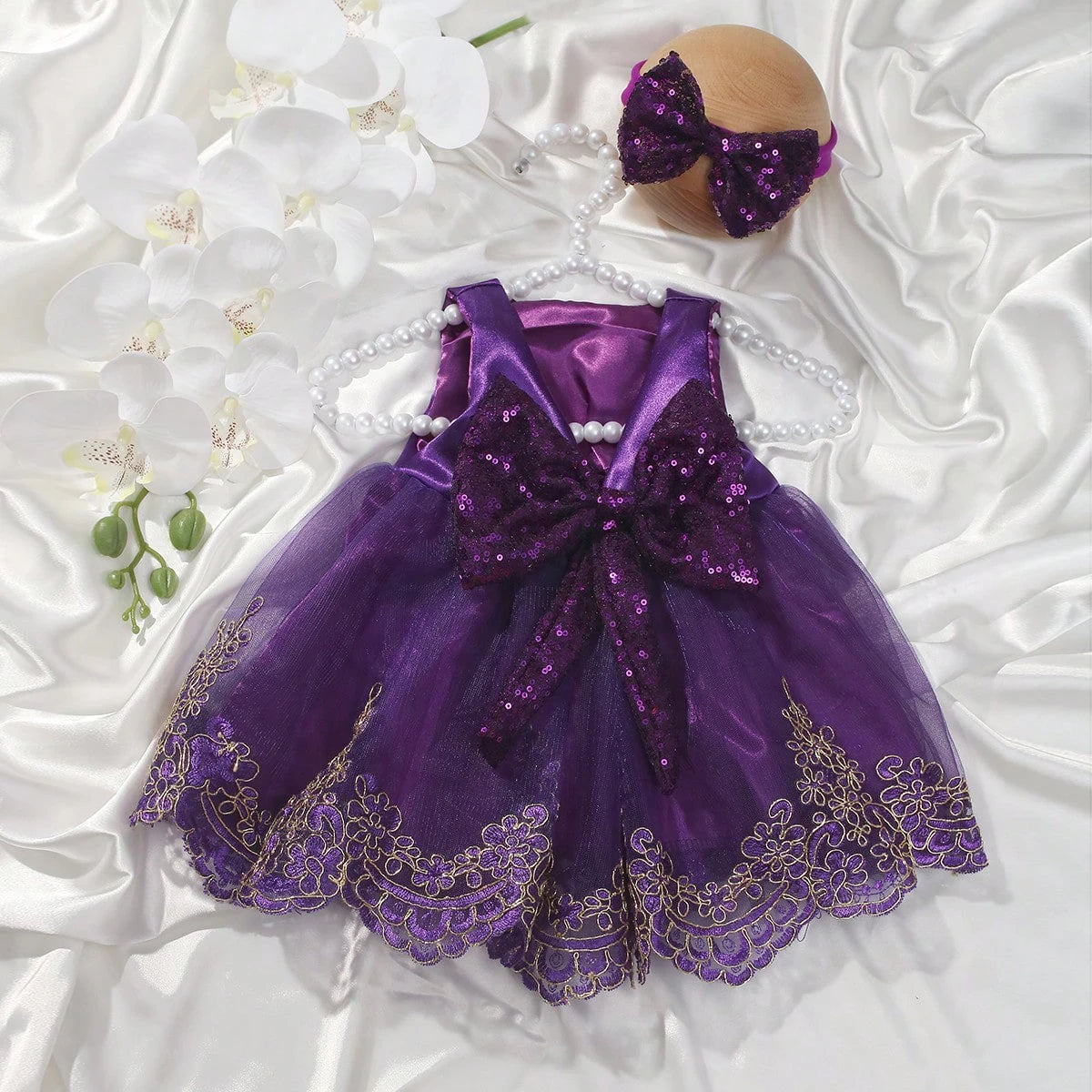 Newborn Photography Ribbon Bow Lace Glitter Dress with Headband