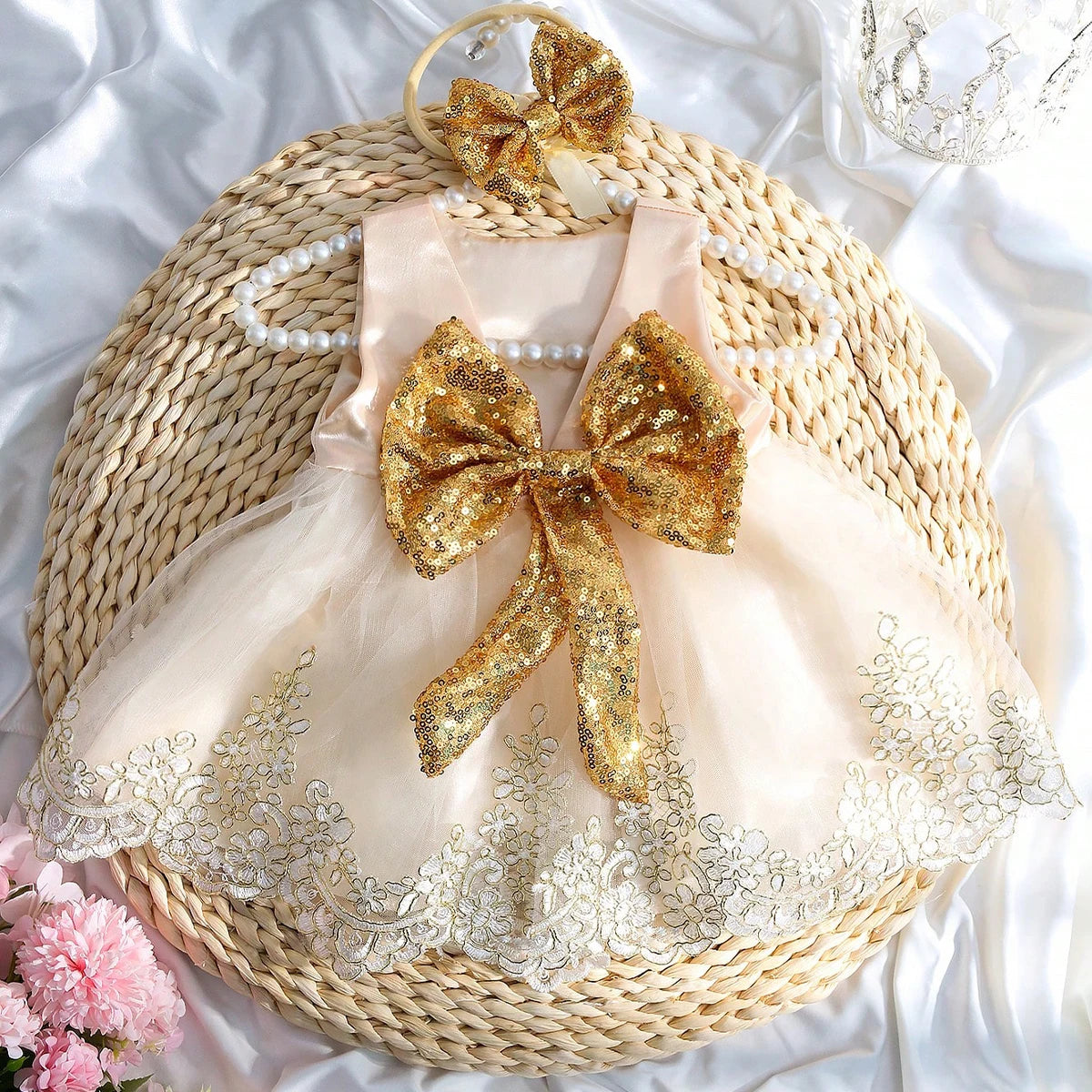 Newborn Photography Ribbon Bow Lace Glitter Dress with Headband
