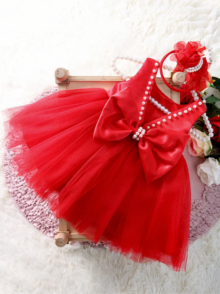Newborn Photography 2-Piece Bow Pearl Set with Dress and Headband
