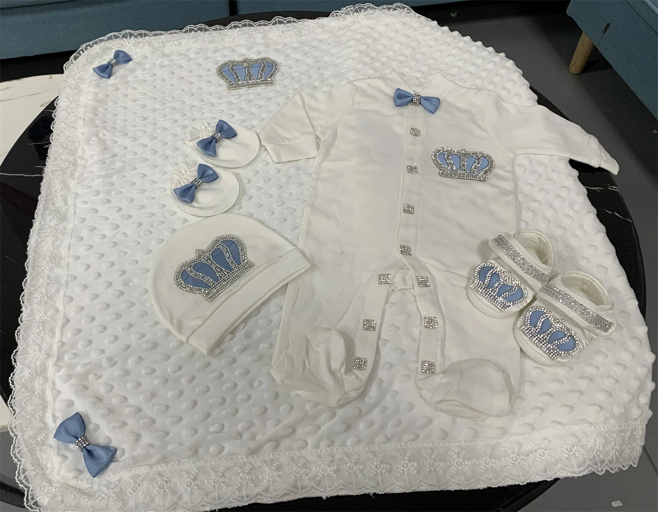 5-Piece Crown Layette with Blanket, Romper, Cap, Mittens, and Shoes