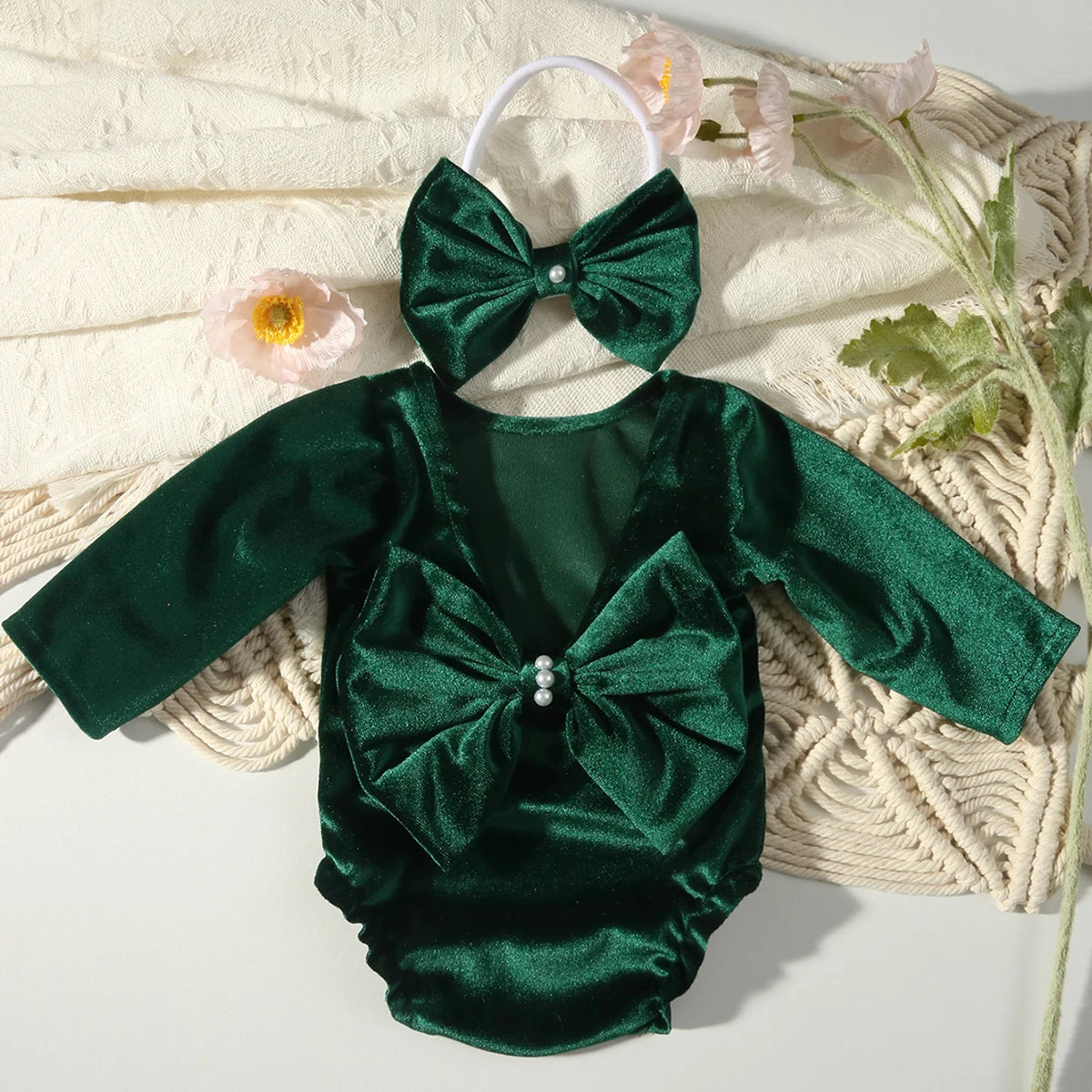 Newborn Photography Back Bow Velvet Romper With Headband