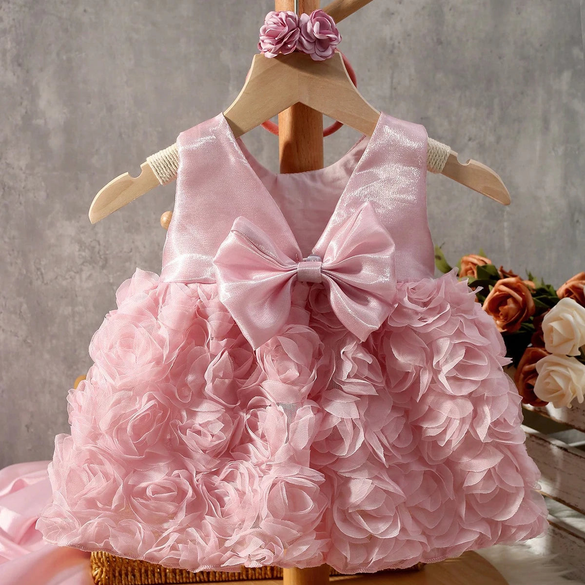 Newborn Photography Dusty Pink Bowknot Rose Dress with Headband