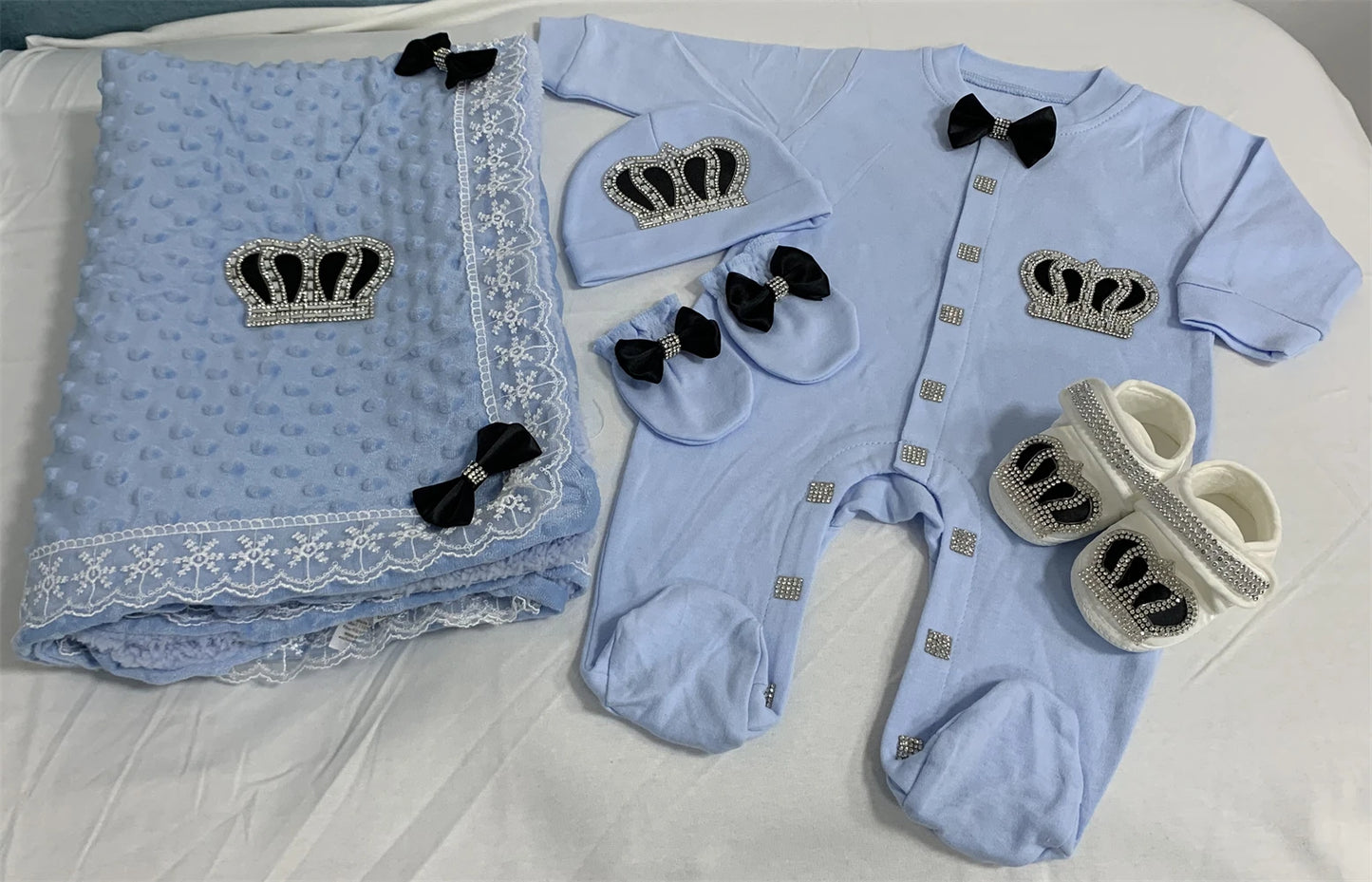 5-Piece Crown Layette with Blanket, Romper, Cap, Mittens, and Shoes