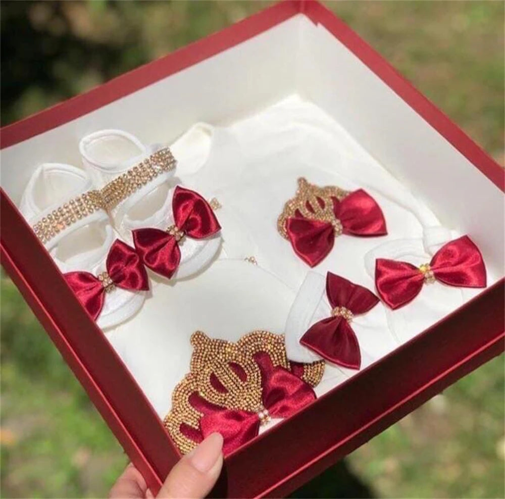 Jewelry Crown 4-Piece Layette with Romper, Cap, Mittens, and Shoes