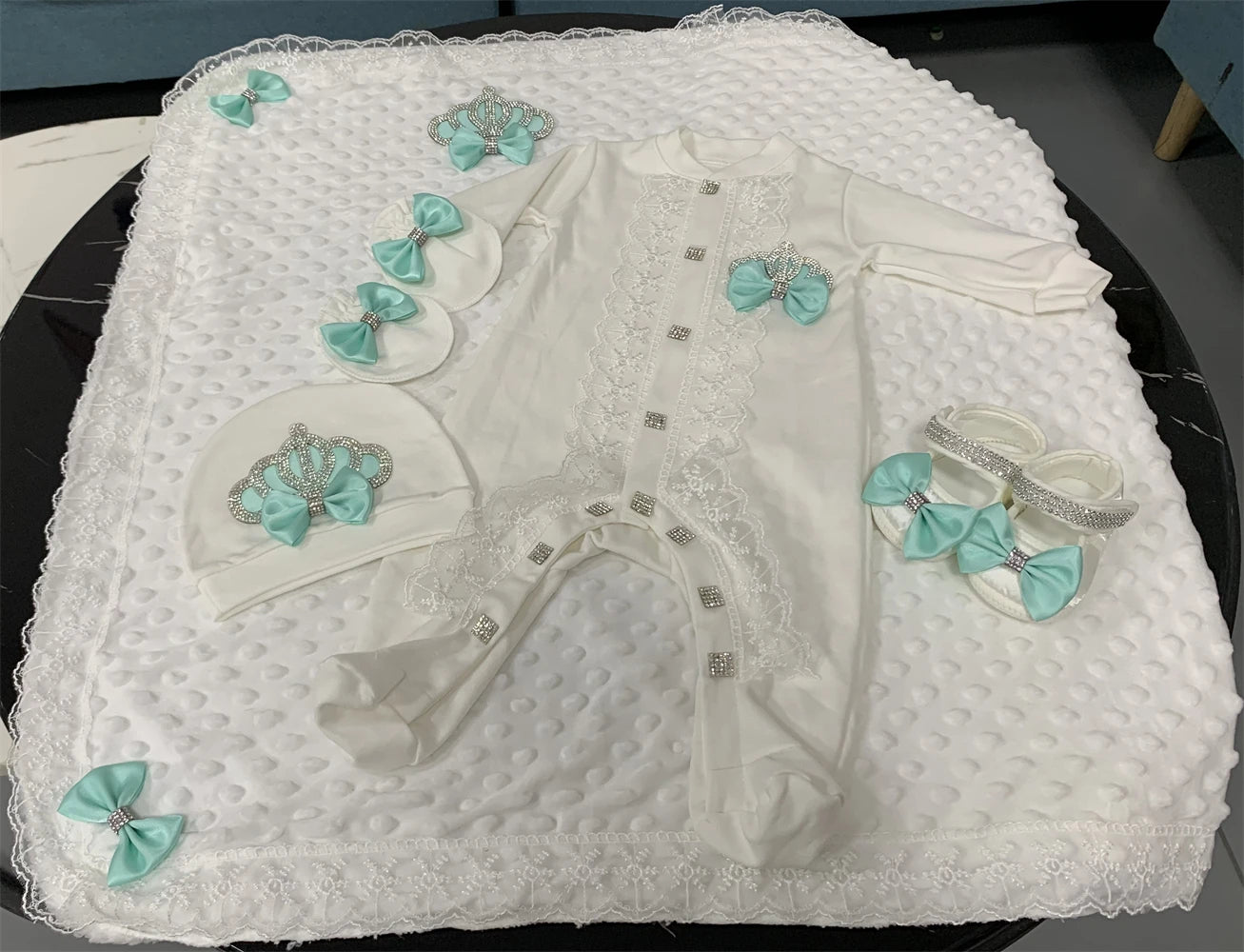 5-Piece Crown Layette with Blanket, Romper, Cap, Mittens, and Shoes