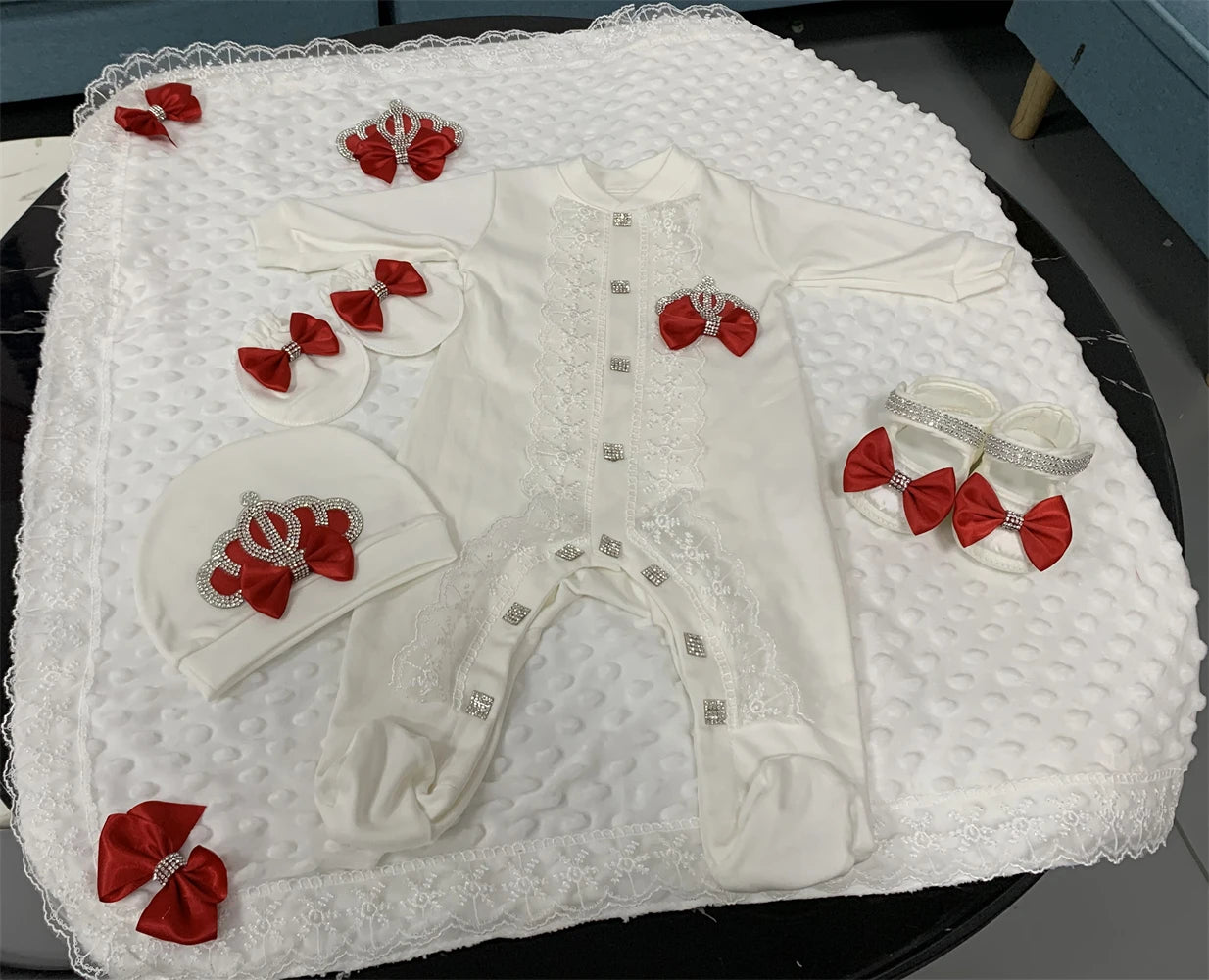 5-Piece Crown Layette with Blanket, Romper, Cap, Mittens, and Shoes