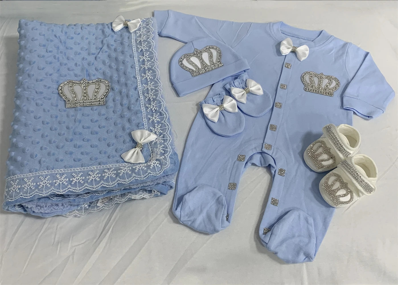 5-Piece Crown Layette with Blanket, Romper, Cap, Mittens, and Shoes