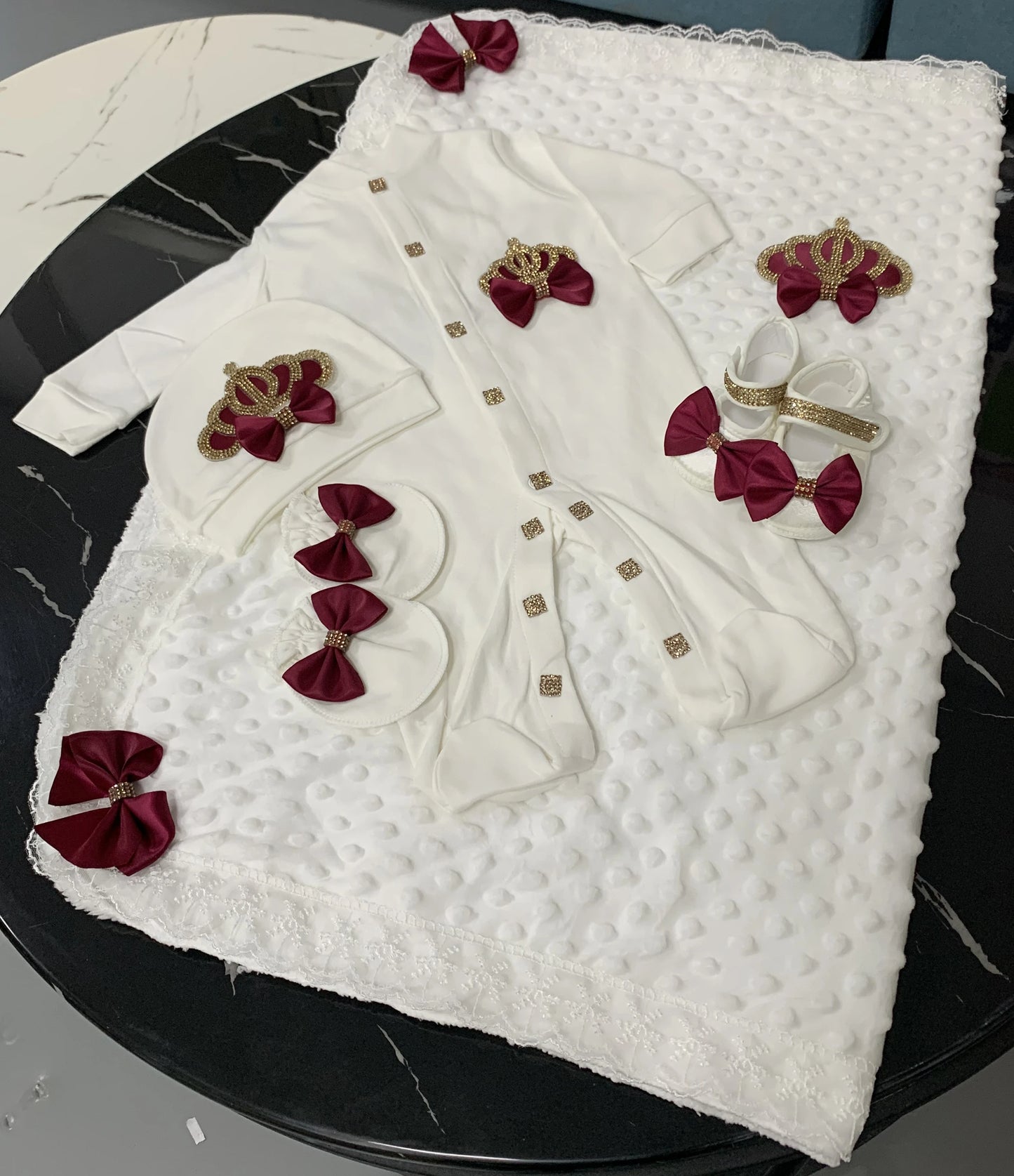 5-Piece Crown Layette with Blanket, Romper, Cap, Mittens, and Shoes
