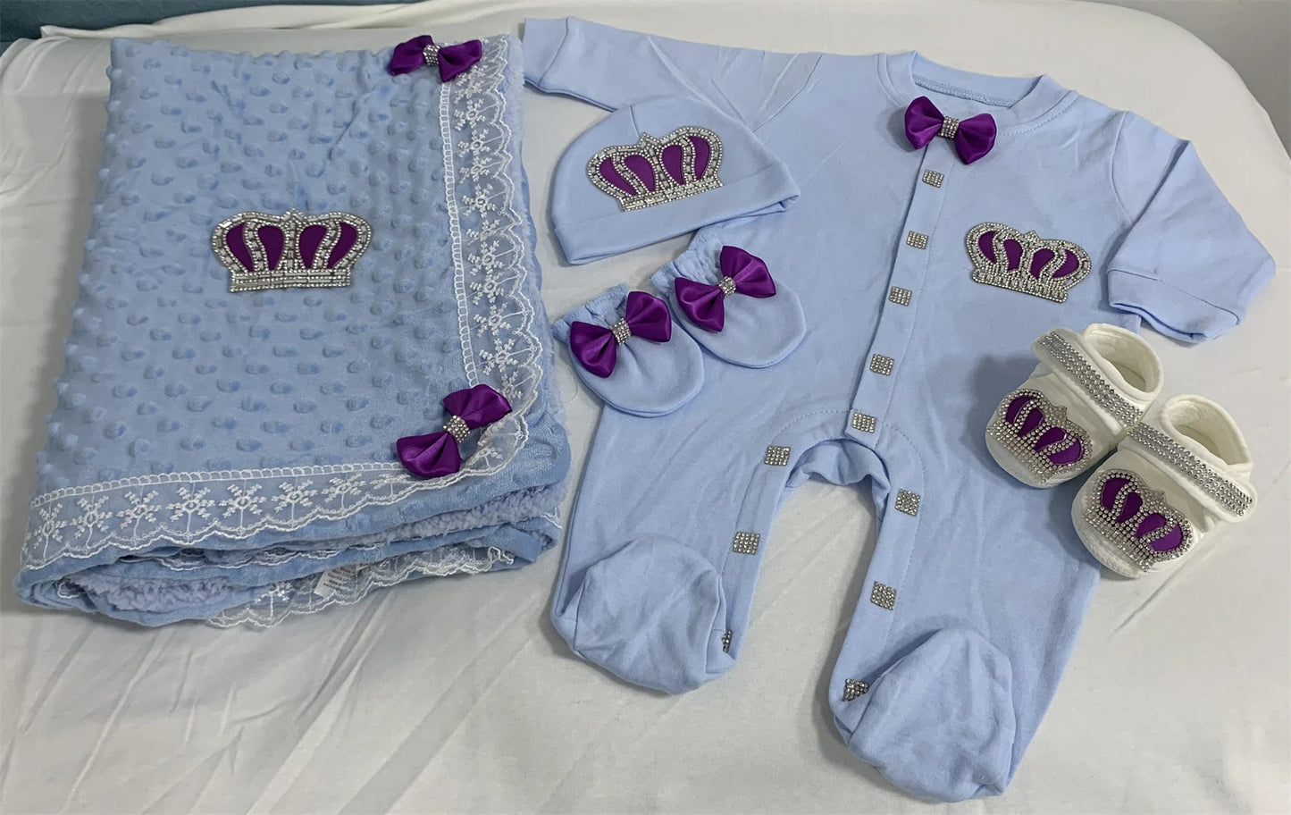 5-Piece Crown Layette with Blanket, Romper, Cap, Mittens, and Shoes