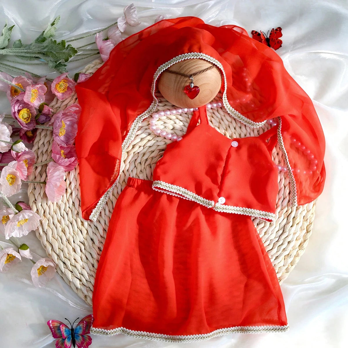 Newborn Photography 4-Piece Set with Top, Skirt, Headscarf, and Head Pendant