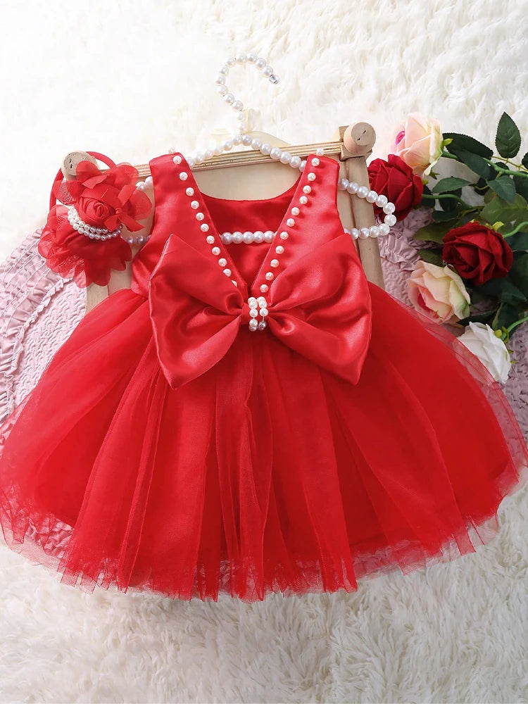 Newborn Photography 2-Piece Bow Pearl Set with Dress and Headband